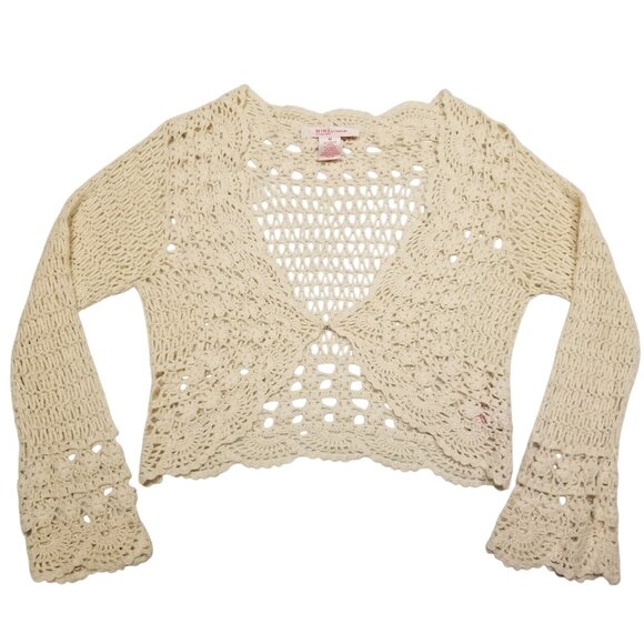 Vintage Beige Crochet Cropped Cardigan Scalloped Hem Flared/Bell Sleeves Bolero - Picture 1 of 13